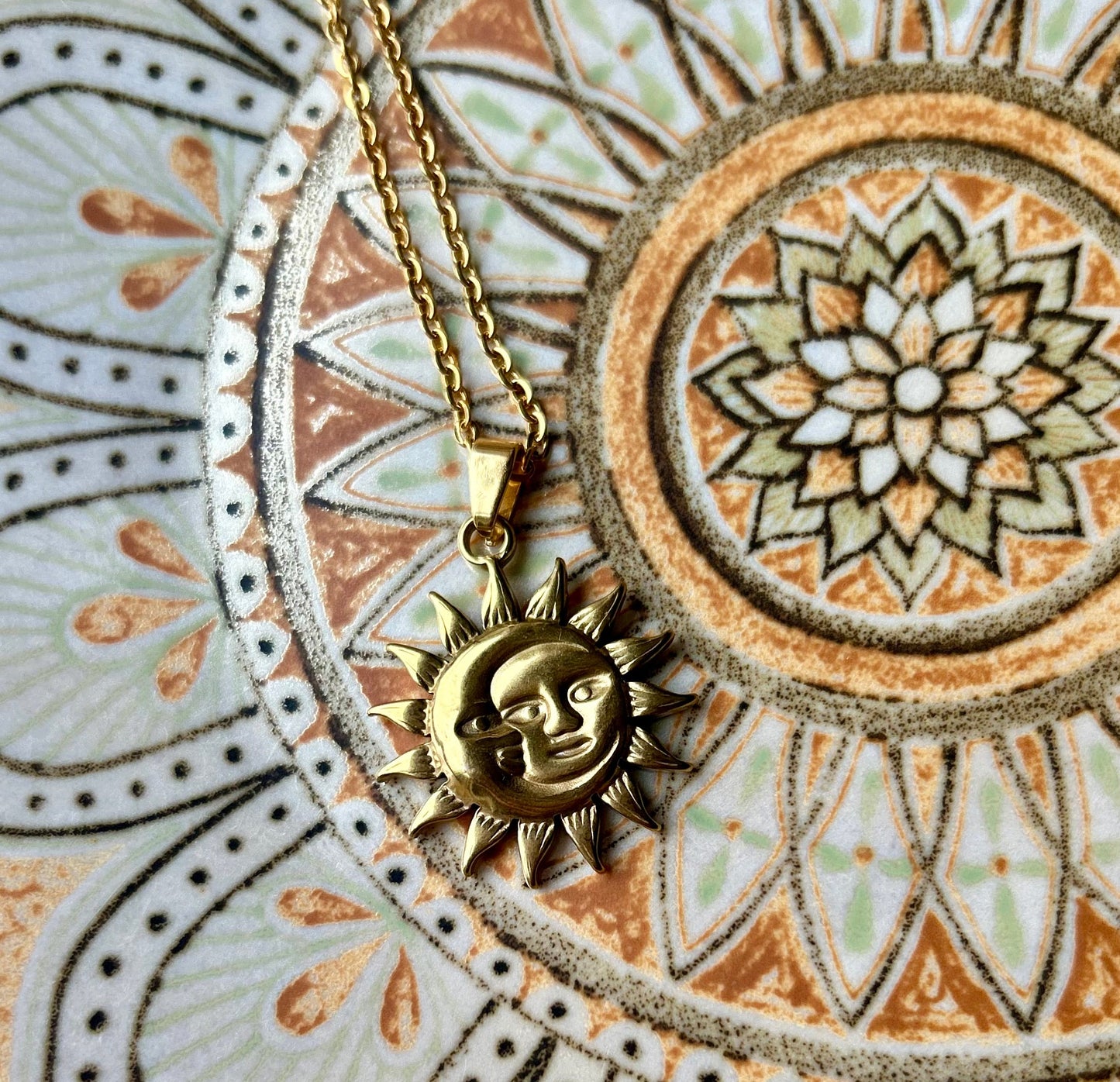 Sun and Moon Face Gold Charm Necklace