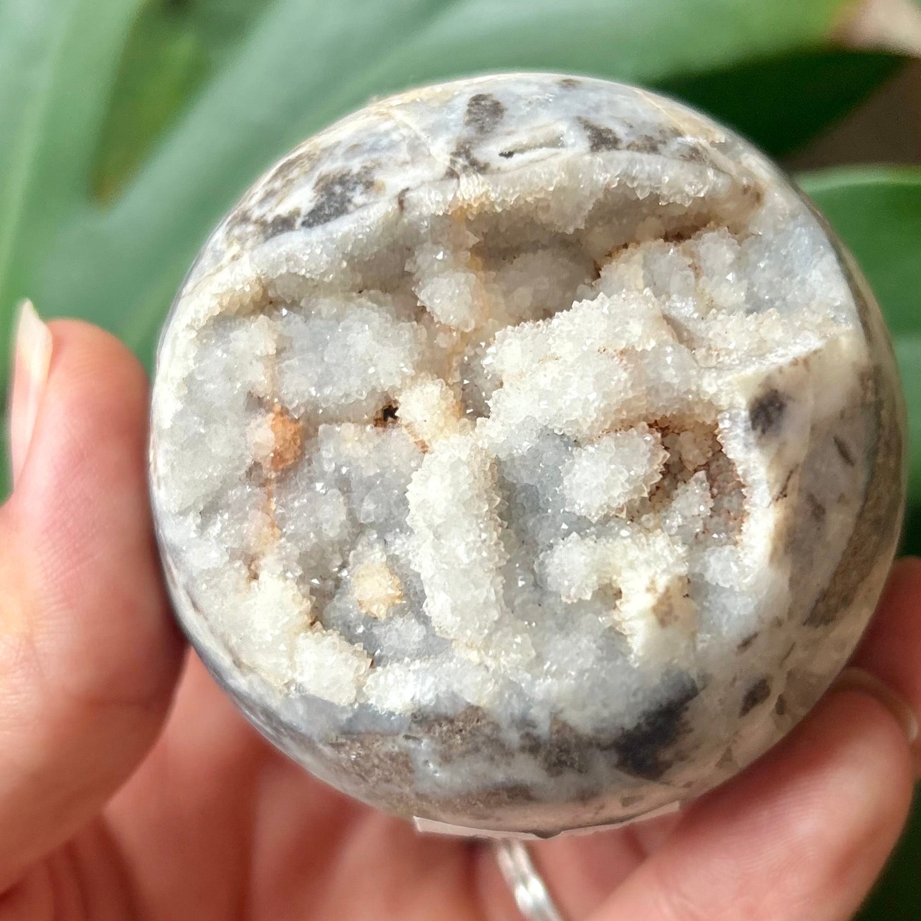 Close-up of a hand holding a crystal with a natural stone texture against a green leafy background