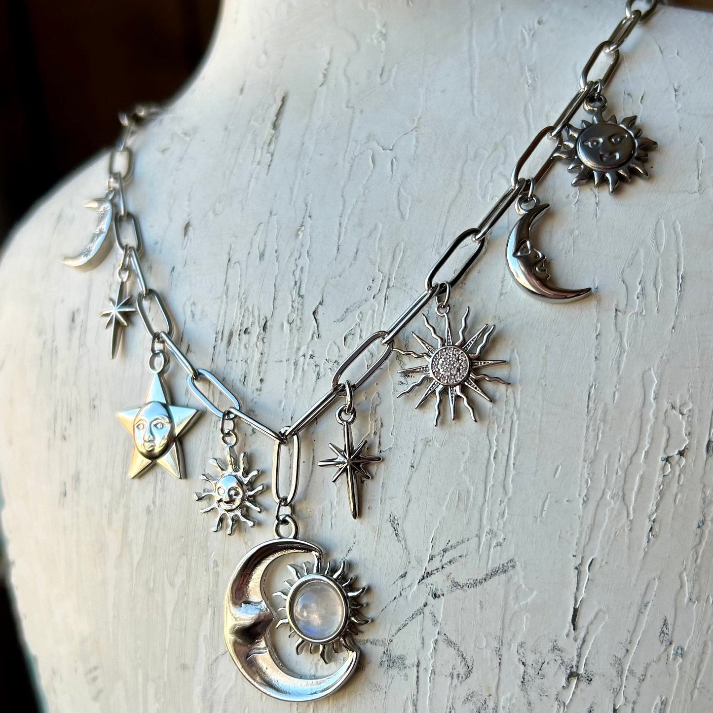 Moonstone Celestial Silver Charm Necklace