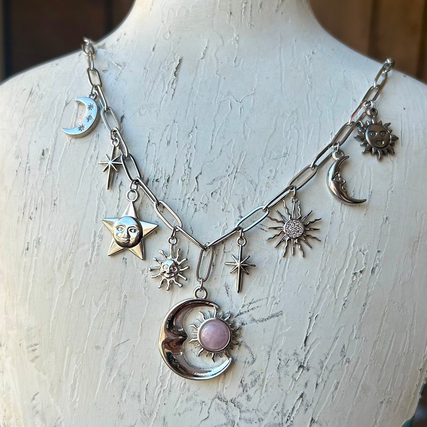 Kunzite Celestial Silver Charm Necklace