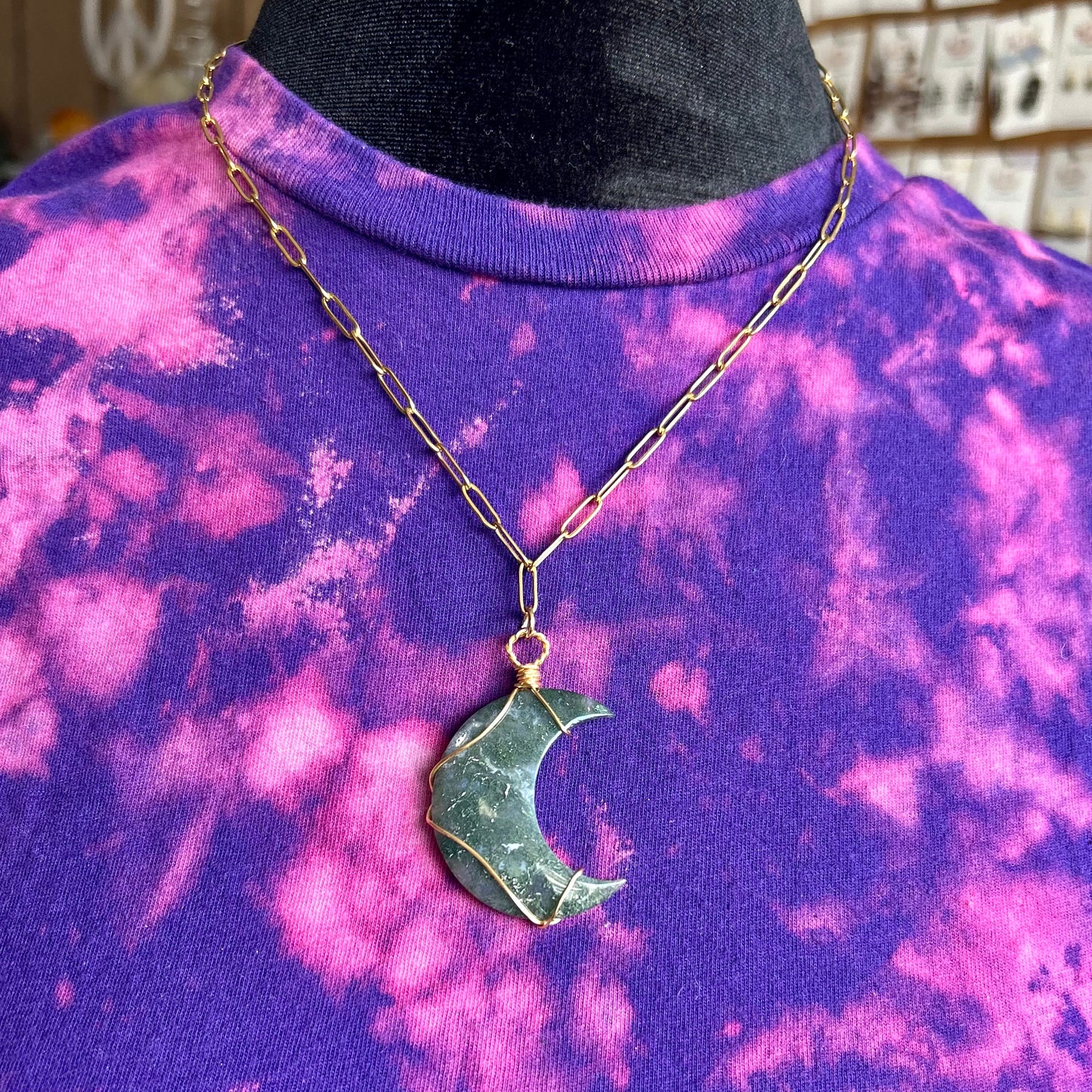 Moss Agate Gold Wrapped Moon Pendant Necklace
