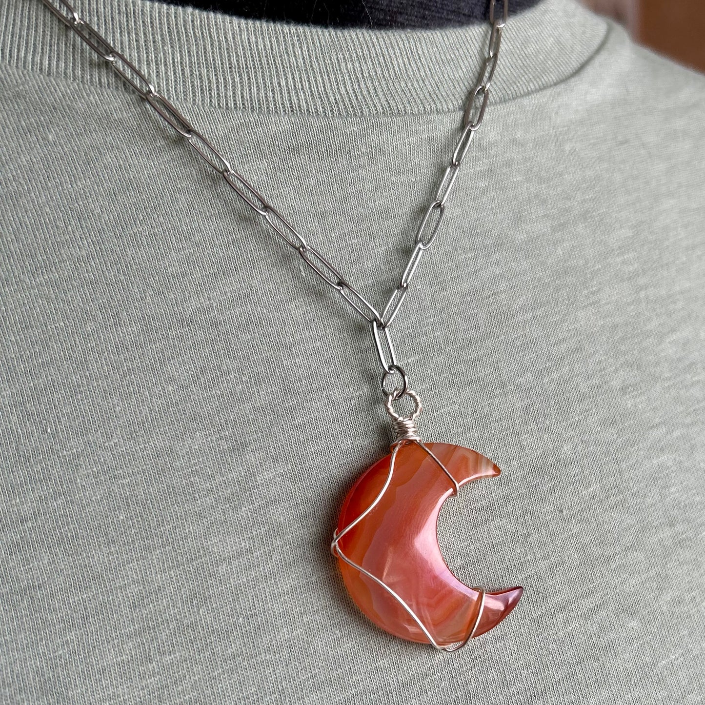 Carnelian Silver Wrapped Moon Pendant Necklace