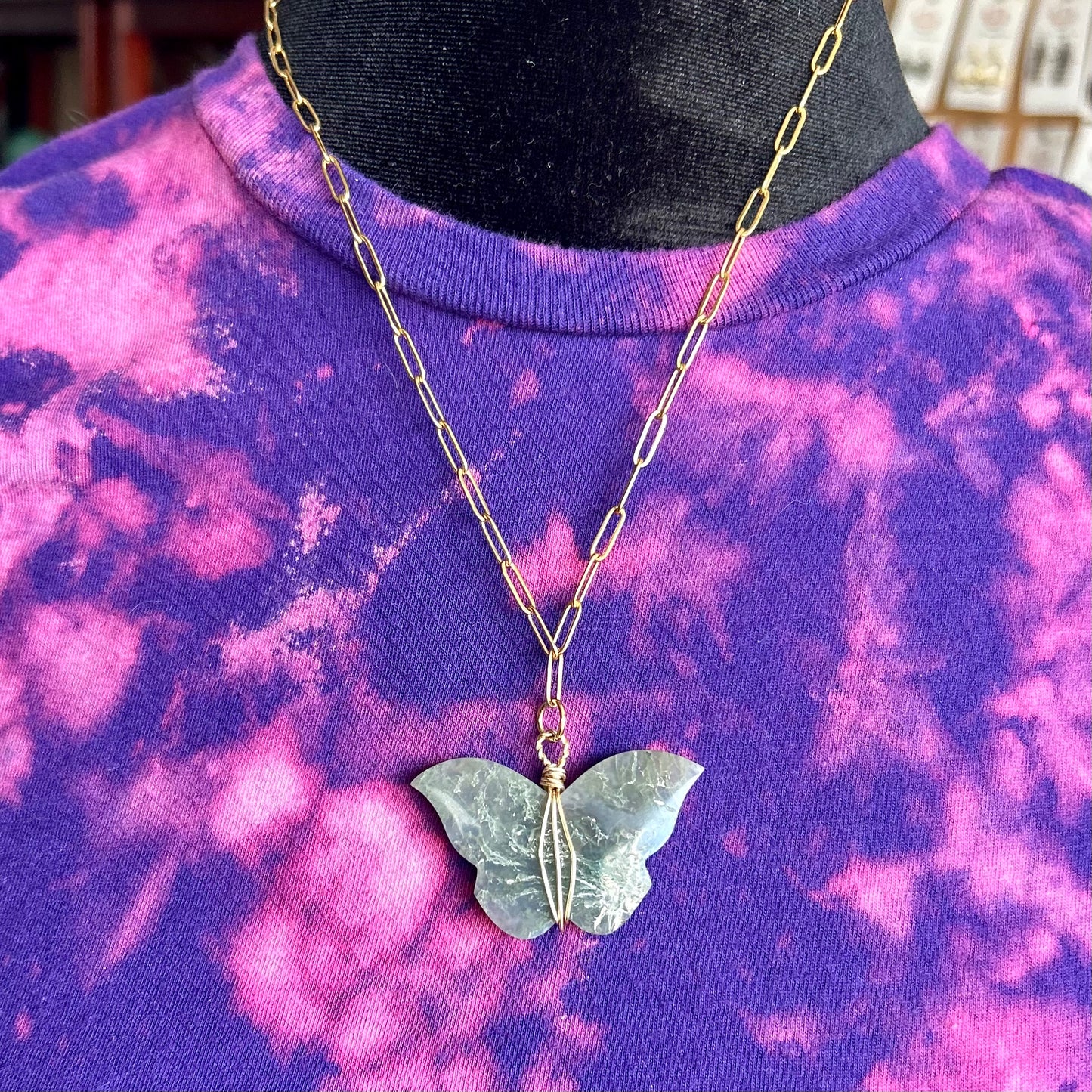 Moss Agate Gold Wrapped Butterfly Pendant Necklace
