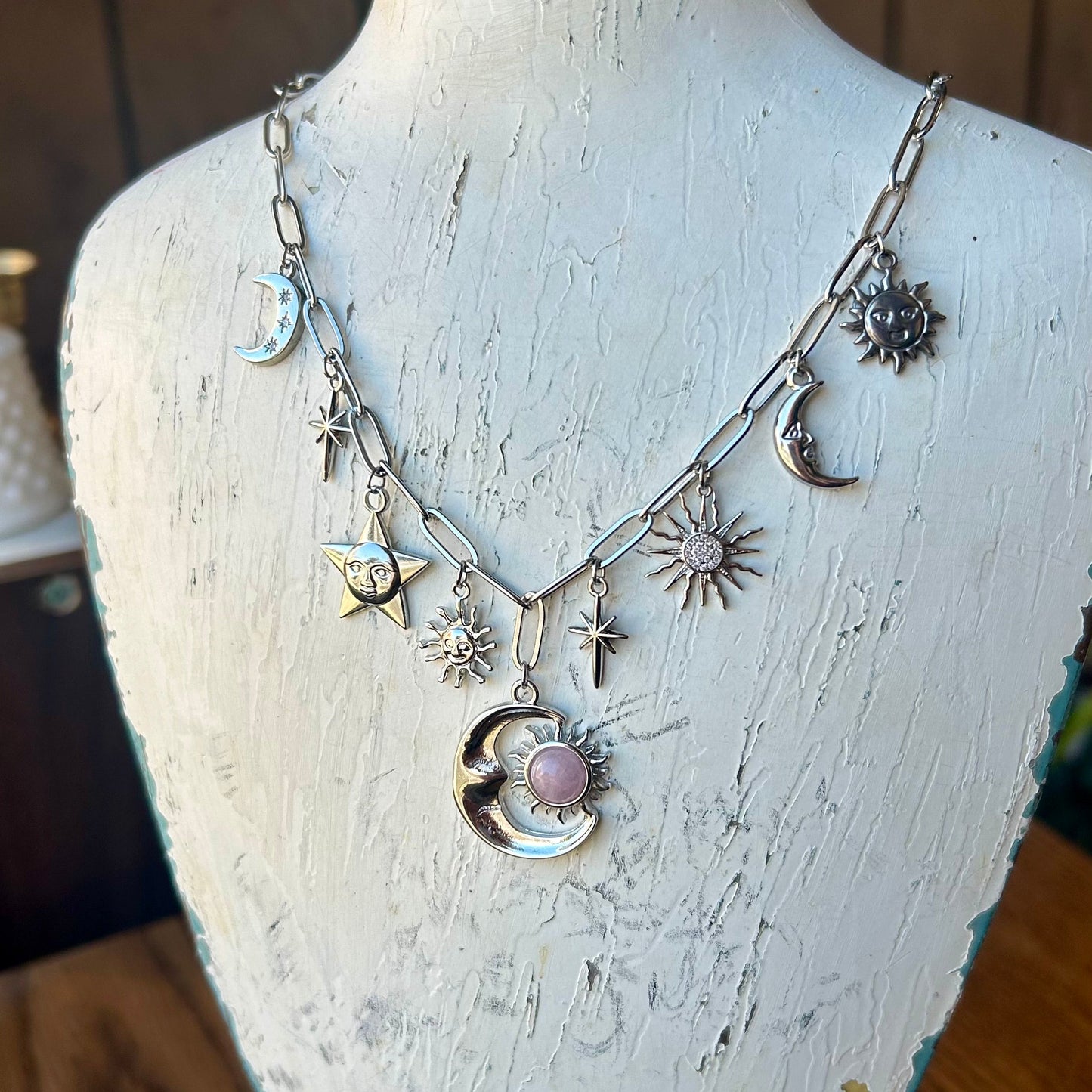 Kunzite Celestial Silver Charm Necklace