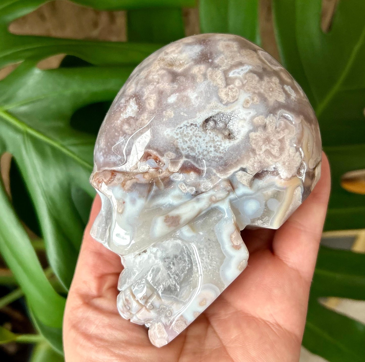 Pink Amethyst Flower Agate Skull Carving