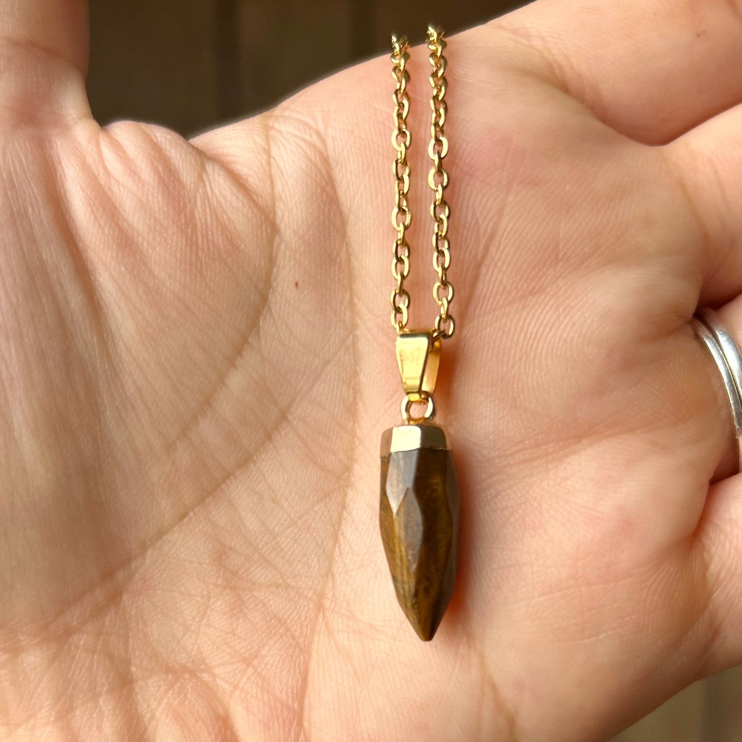 Gold necklace with a brown pendant held in a hand against a blurred natural background