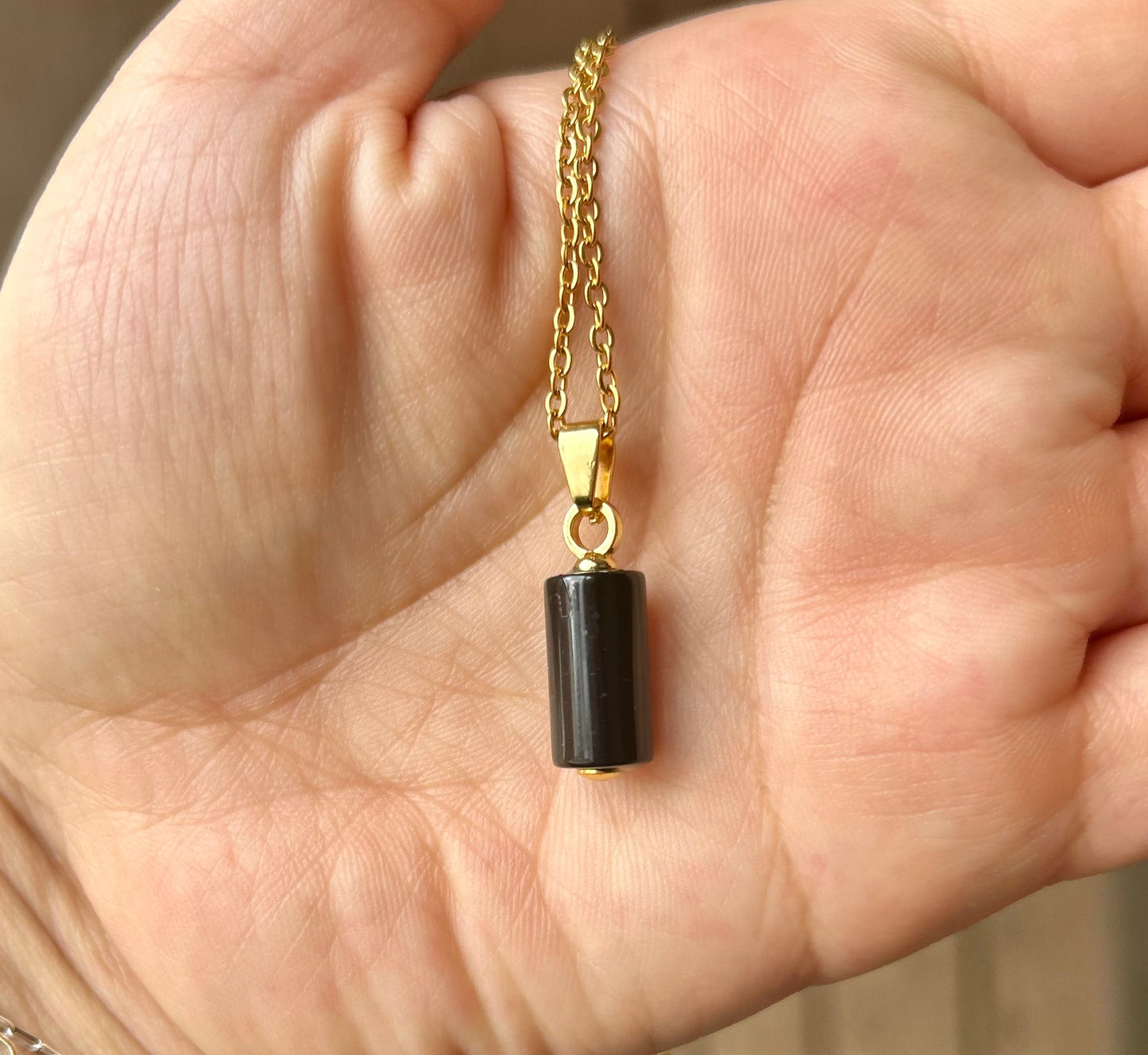 Black Onyx Gold Cylinder Pendant Necklace