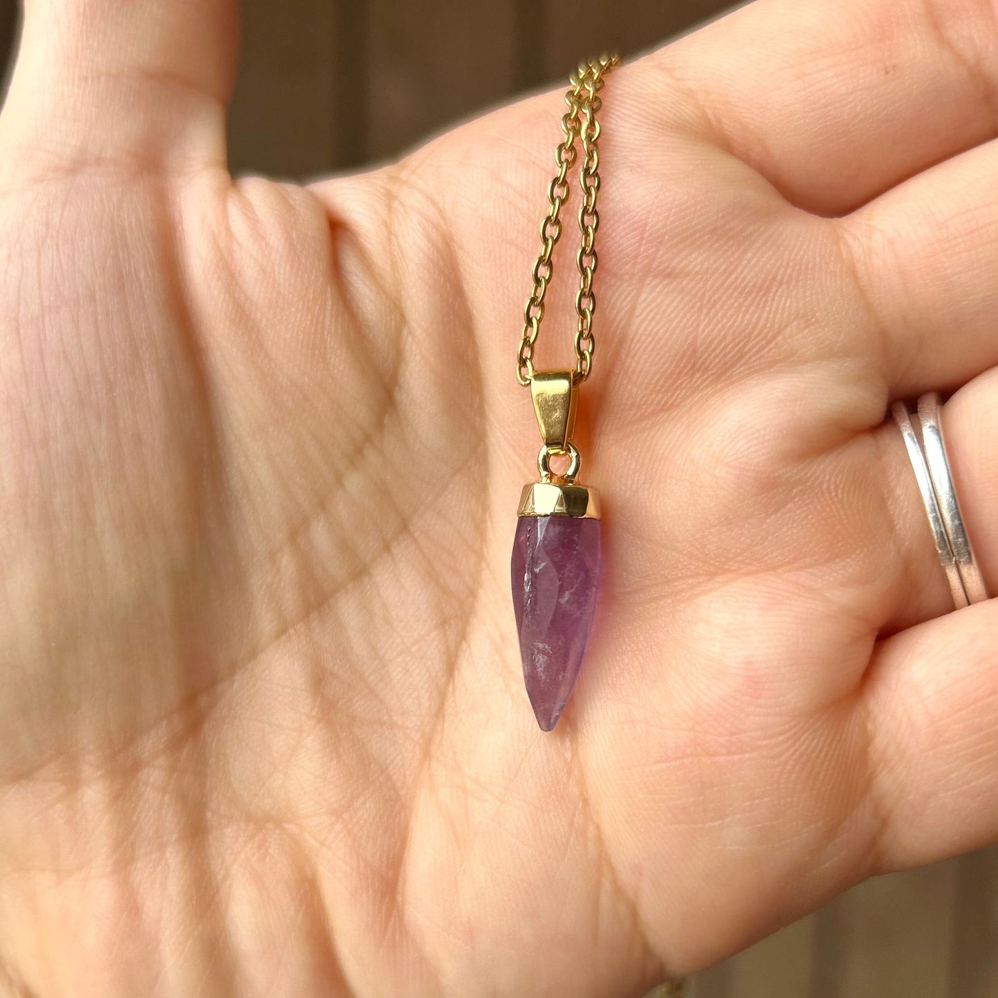 Hand holding a gold necklace with a purple pendant against a blurred background