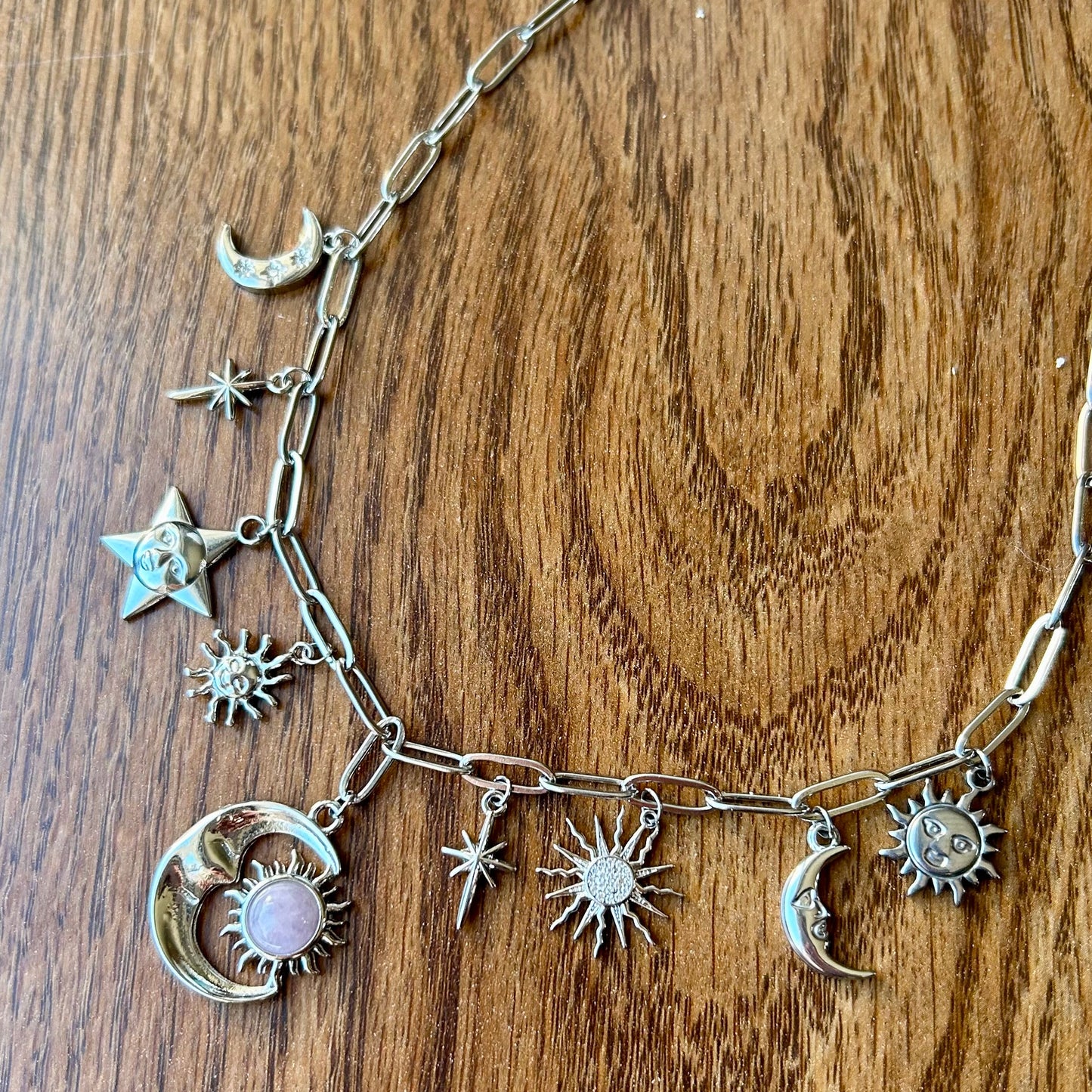 Kunzite Celestial Silver Charm Necklace