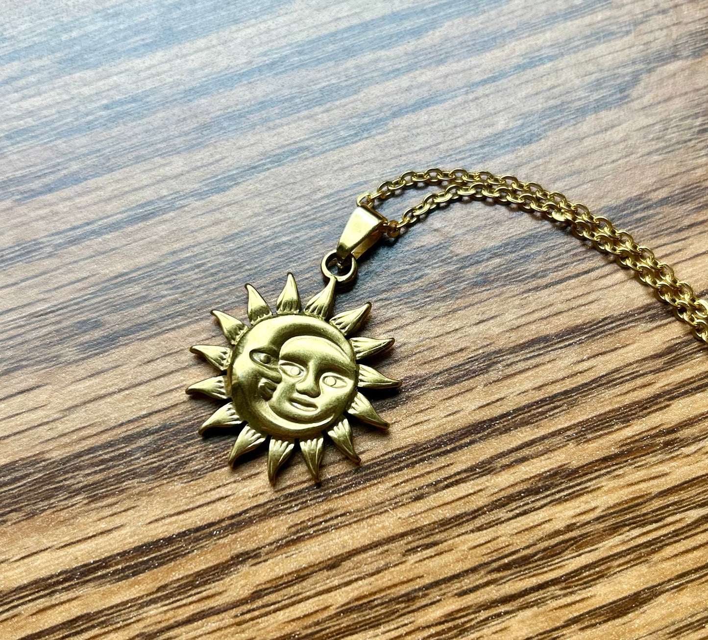 Sun and Moon Face Gold Charm Necklace