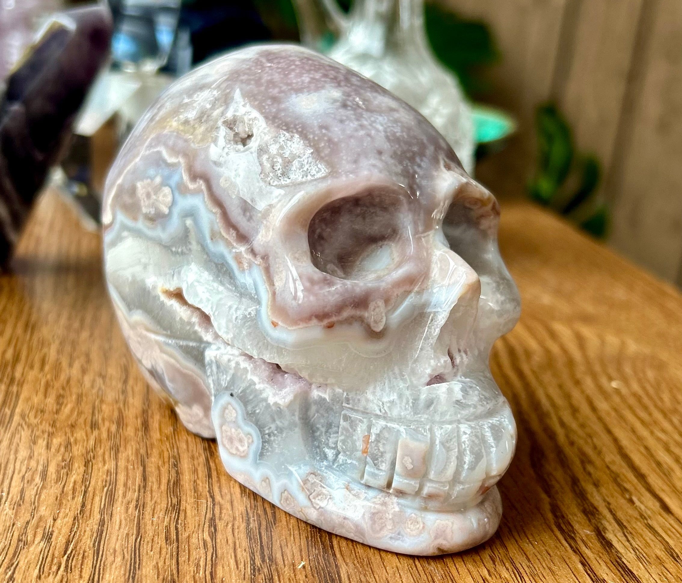 Pink Amethyst Flower Agate Skull Carving – The Peaceful Pieces