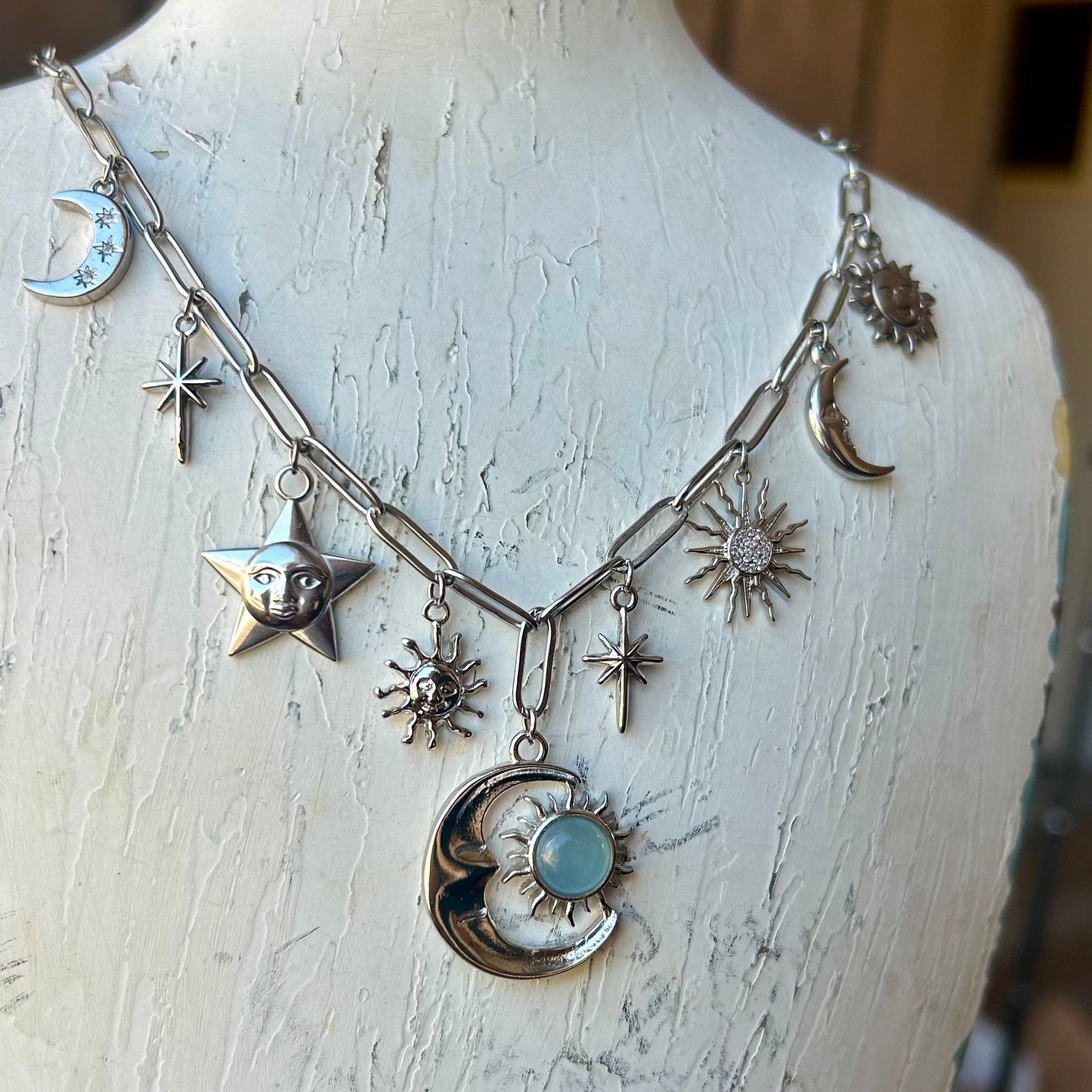 Aquamarine Celestial Silver Charm Necklace