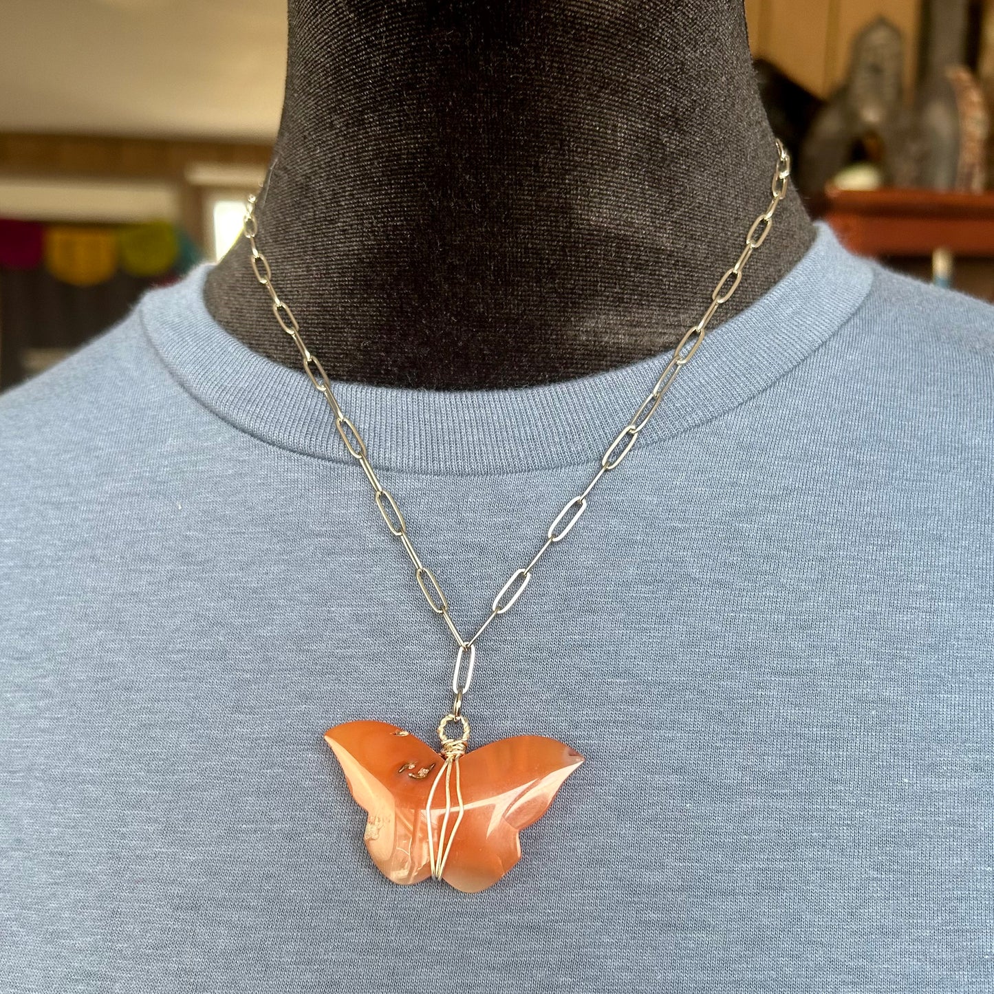 Carnelian Silver Wrapped Butterfly Pendant Necklace
