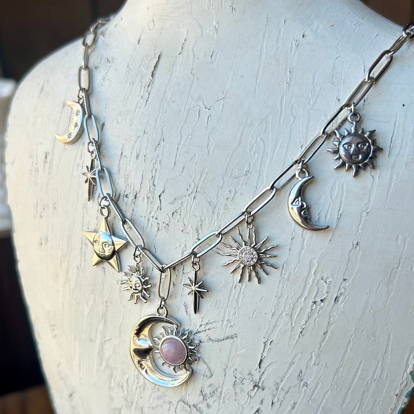 Kunzite Celestial Silver Charm Necklace