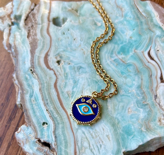 Blue Evil Eye Gold Charm Necklace
