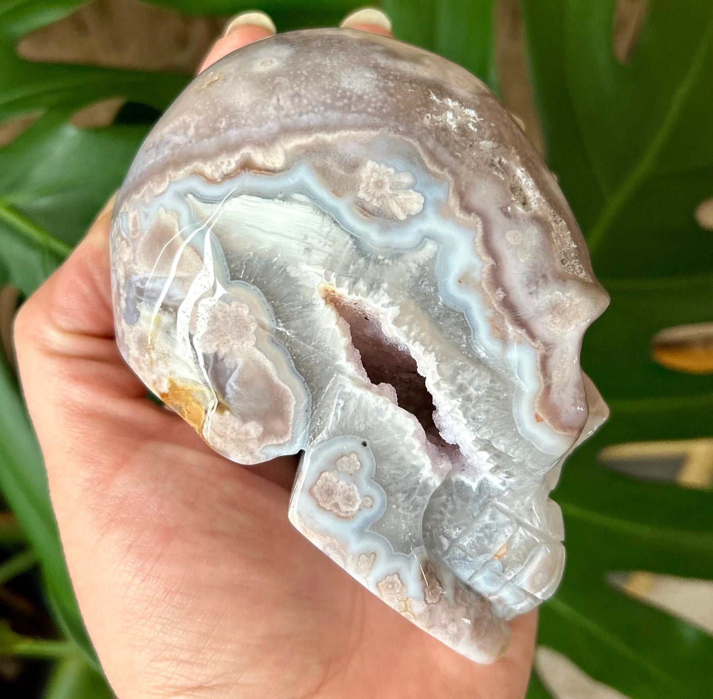 Pink Amethyst Flower Agate Skull Carving