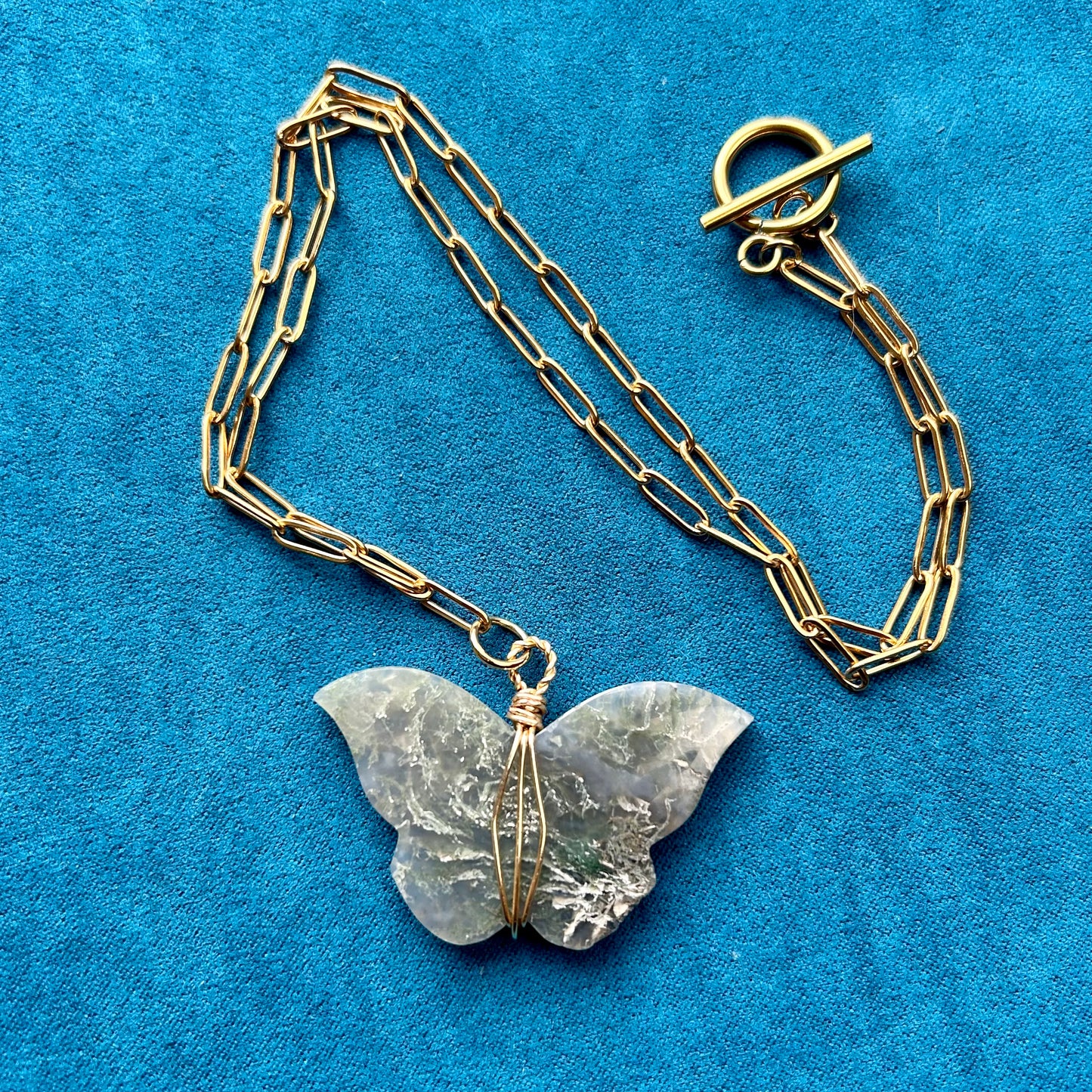 Moss Agate Gold Wrapped Butterfly Pendant Necklace