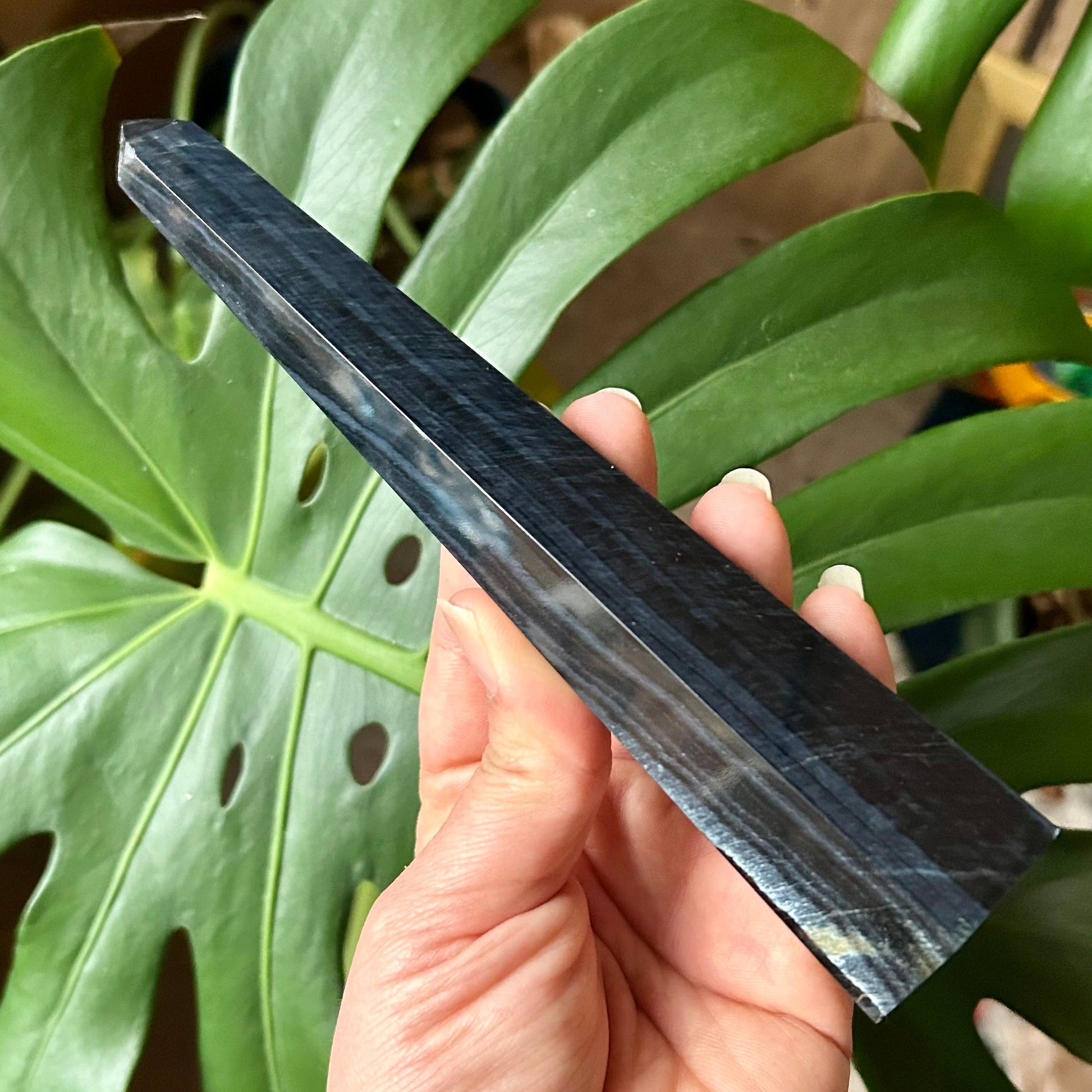 Person holding a long, dark object in front of green leaves