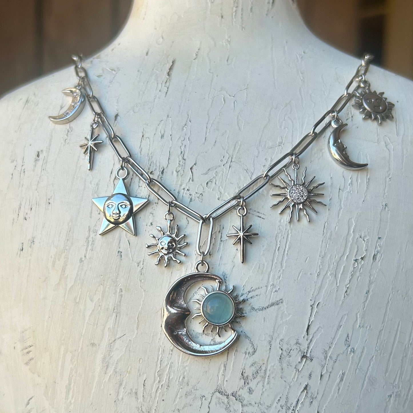 Aquamarine Celestial Silver Charm Necklace