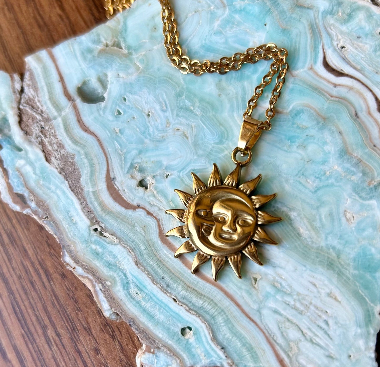 Sun and Moon Face Gold Charm Necklace