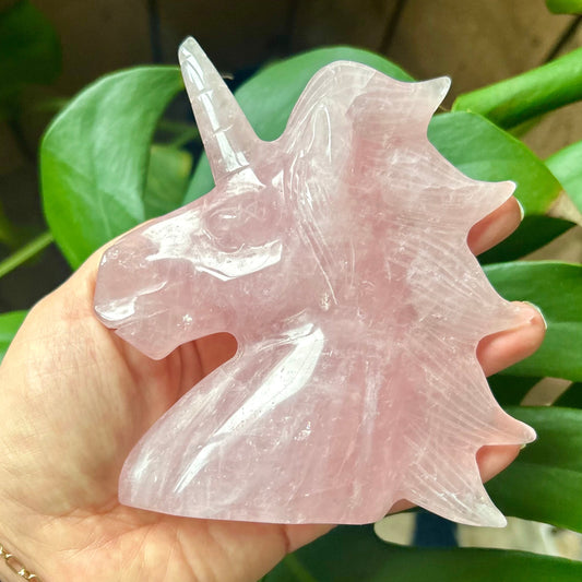 Hand holding a rose quartz unicorn figurine with green foliage in the background