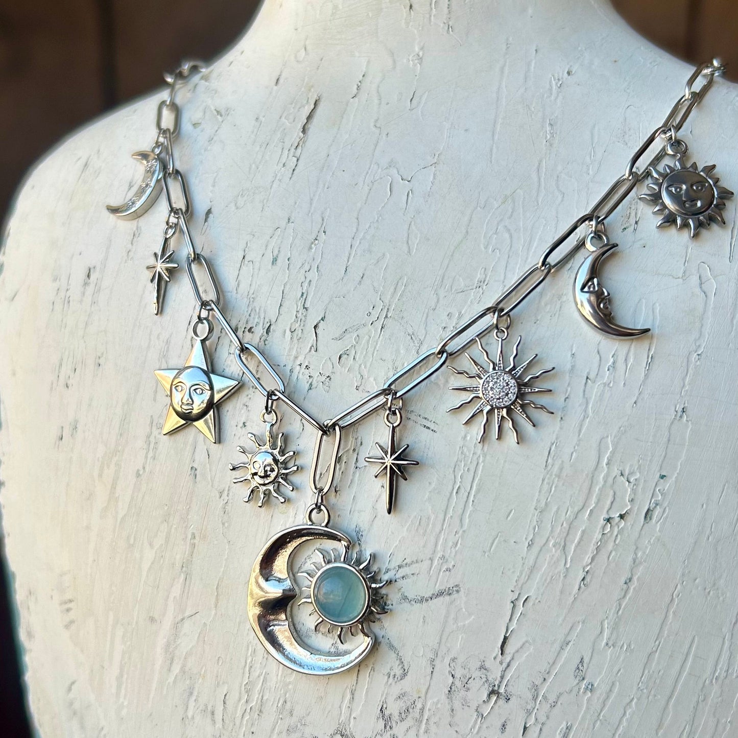 Aquamarine Celestial Silver Charm Necklace