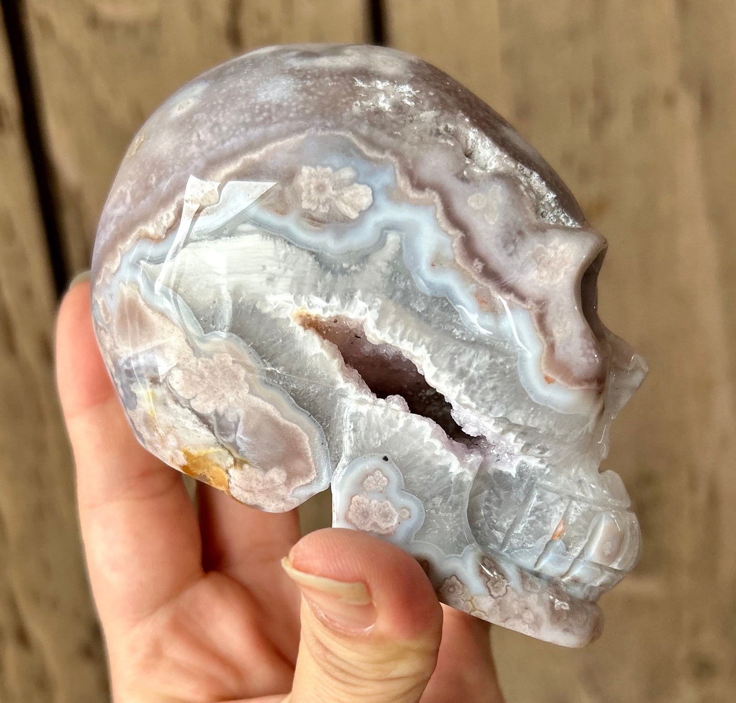 Pink Amethyst Flower Agate Skull Carving
