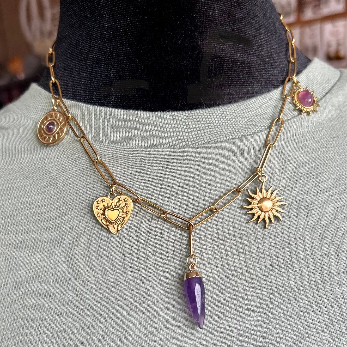 Amethyst Gold Charm Necklace