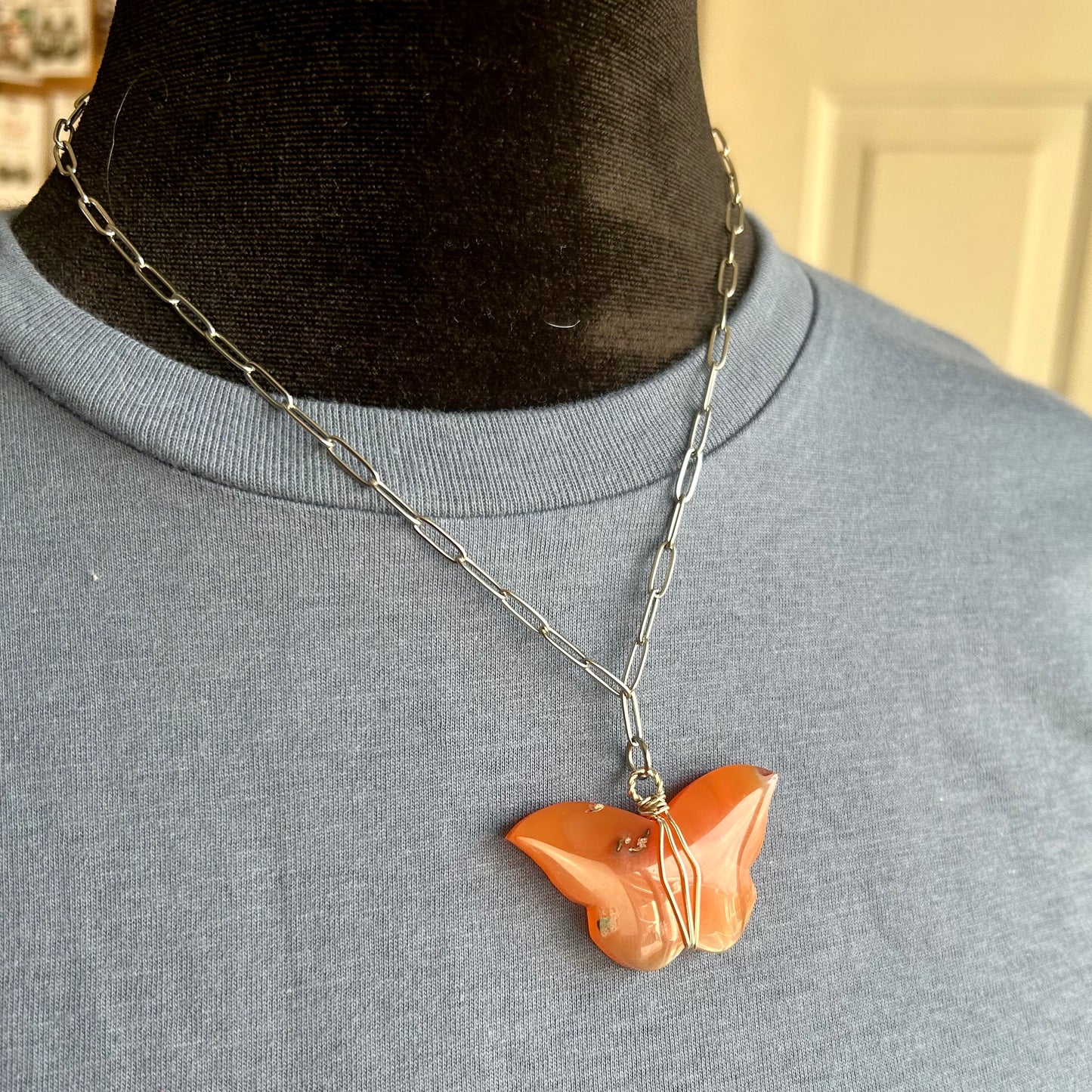 Carnelian Silver Wrapped Butterfly Pendant Necklace