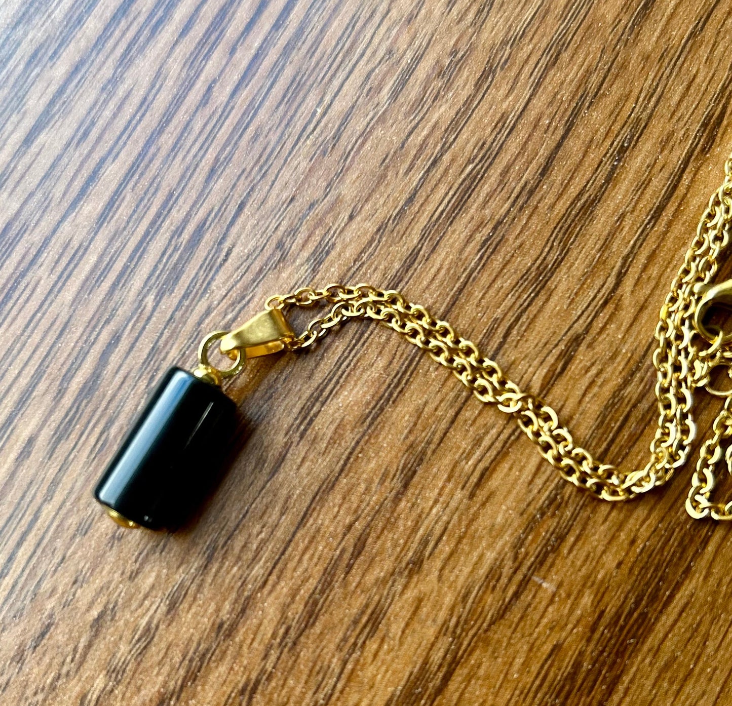Black Onyx Gold Cylinder Pendant Necklace
