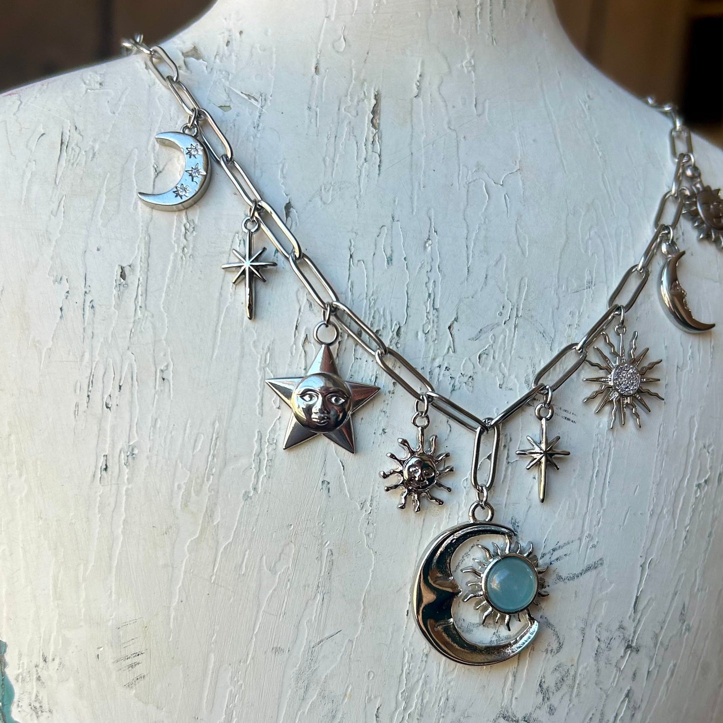 Aquamarine Celestial Silver Charm Necklace