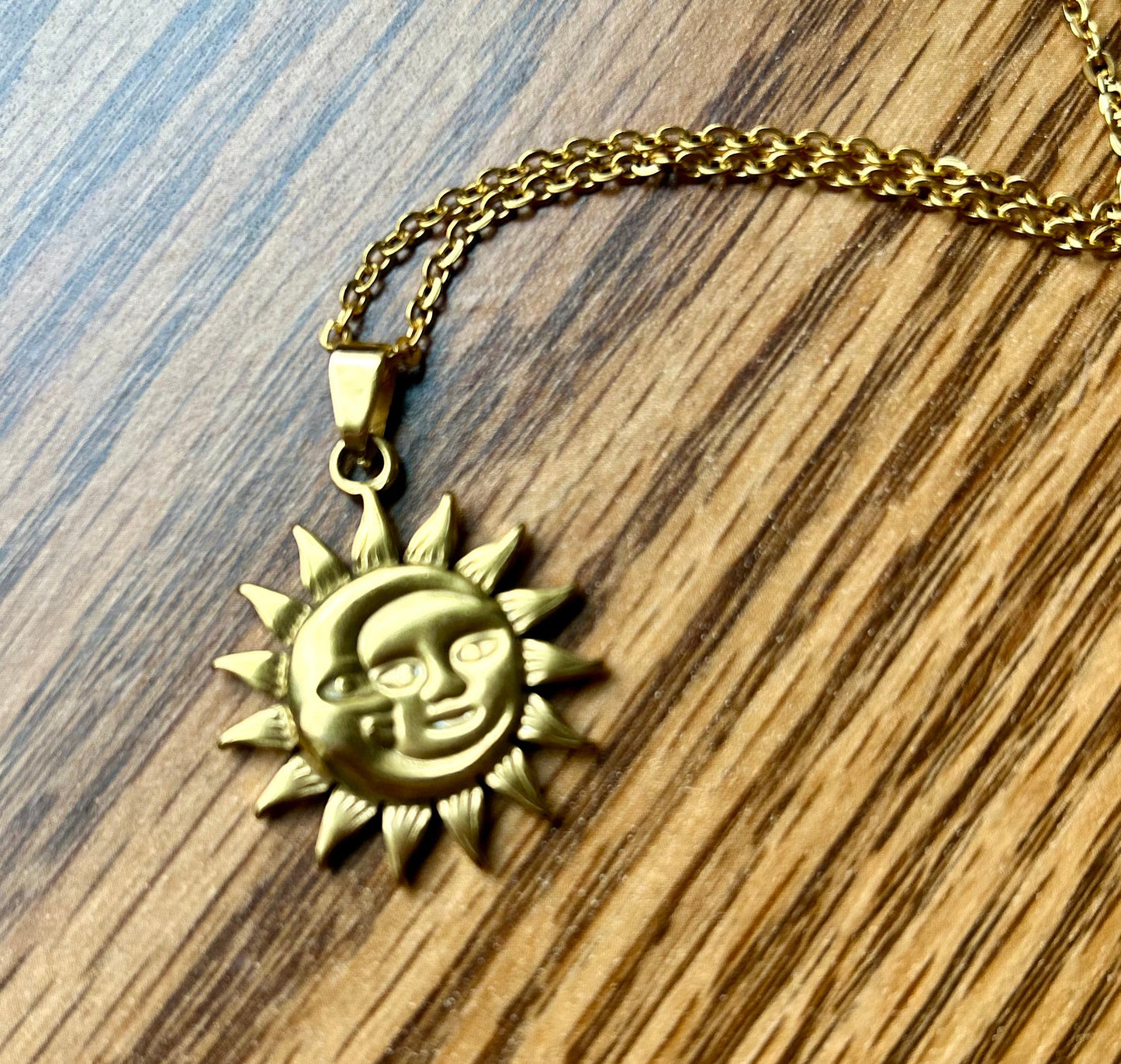Sun and Moon Face Gold Charm Necklace