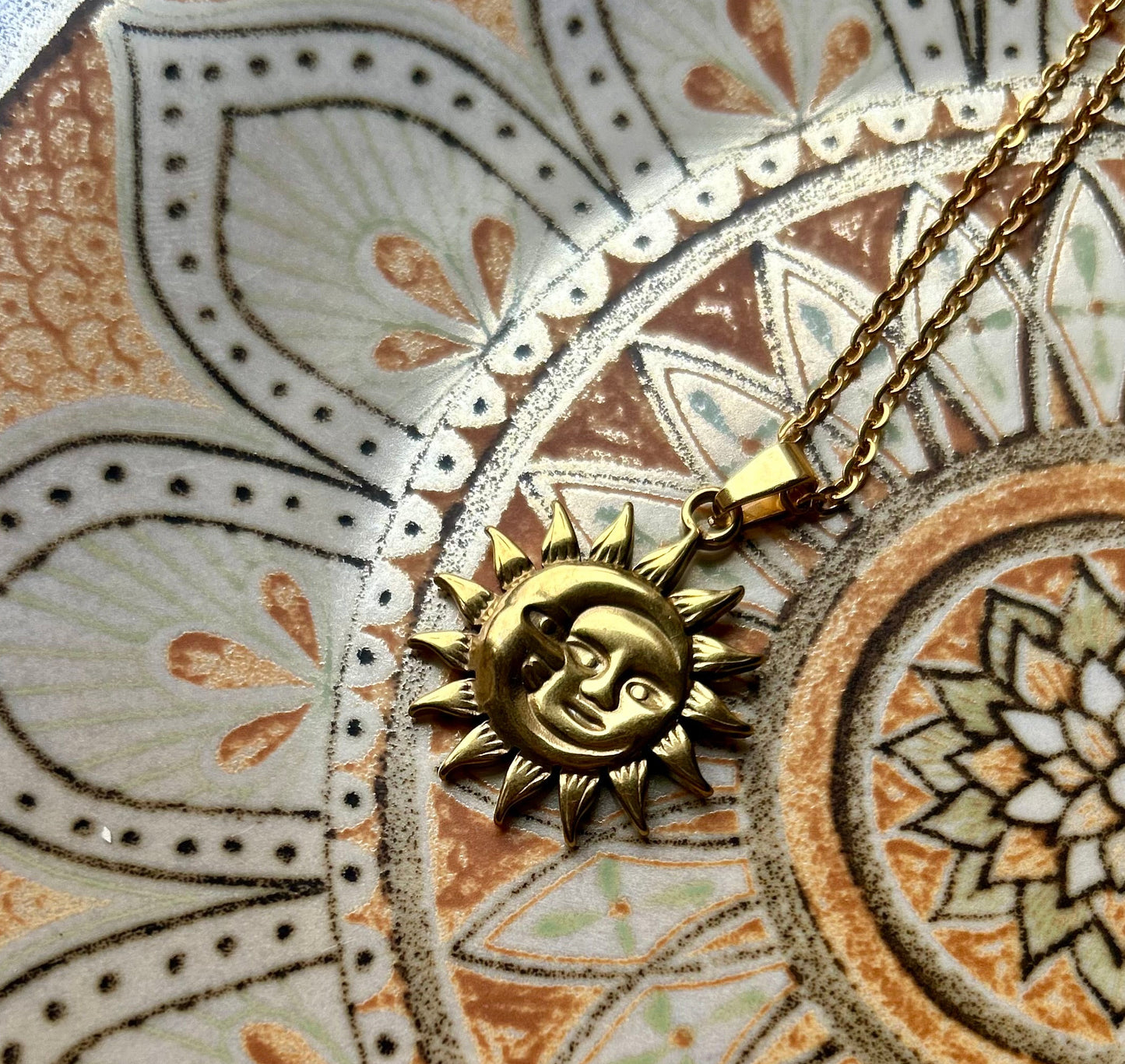 Sun and Moon Face Gold Charm Necklace