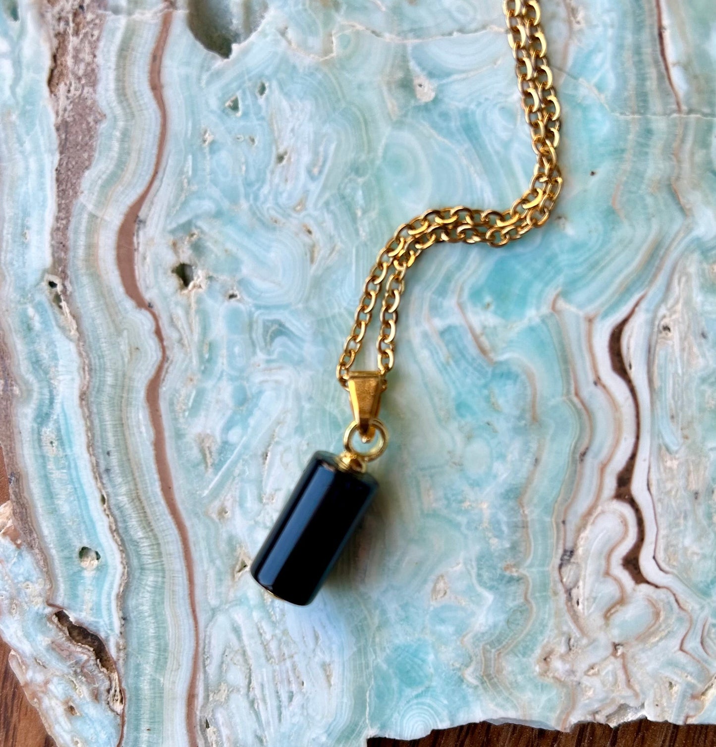 Black Onyx Gold Cylinder Pendant Necklace