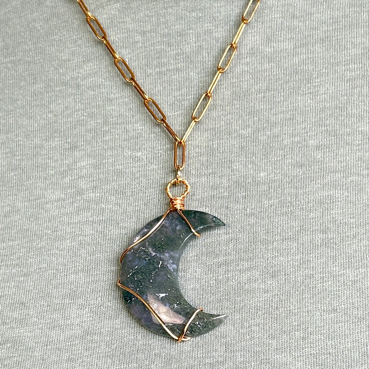 Moss Agate Gold Wrapped Moon Pendant Necklace