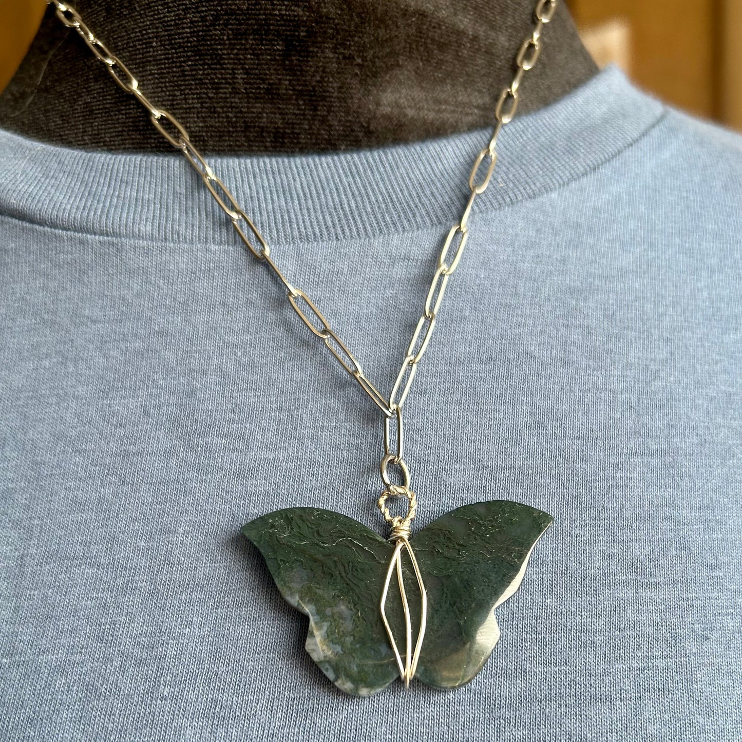Moss Agate Silver Wrapped Butterfly Pendant Necklace