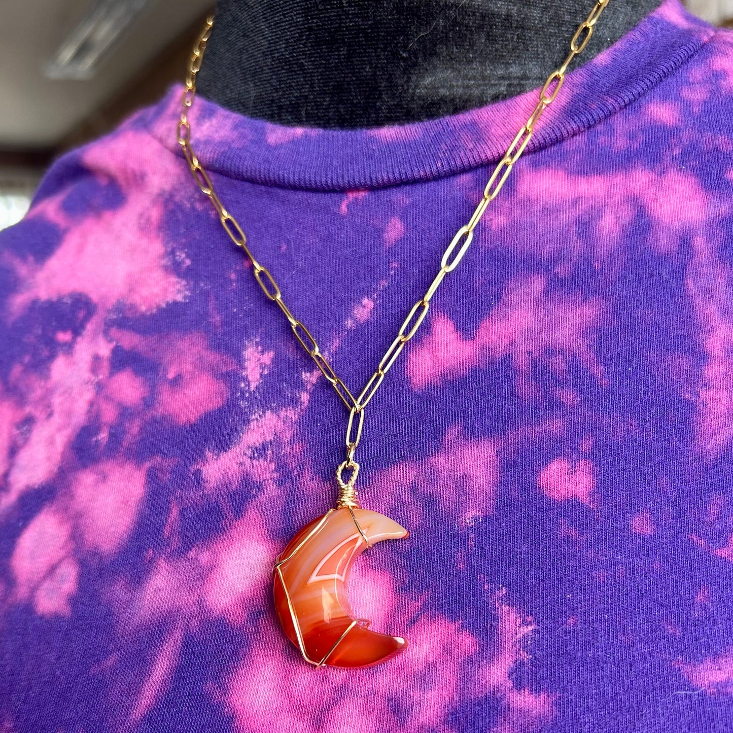Carnelian Gold Wire Wrapped Moon Pendant Necklace