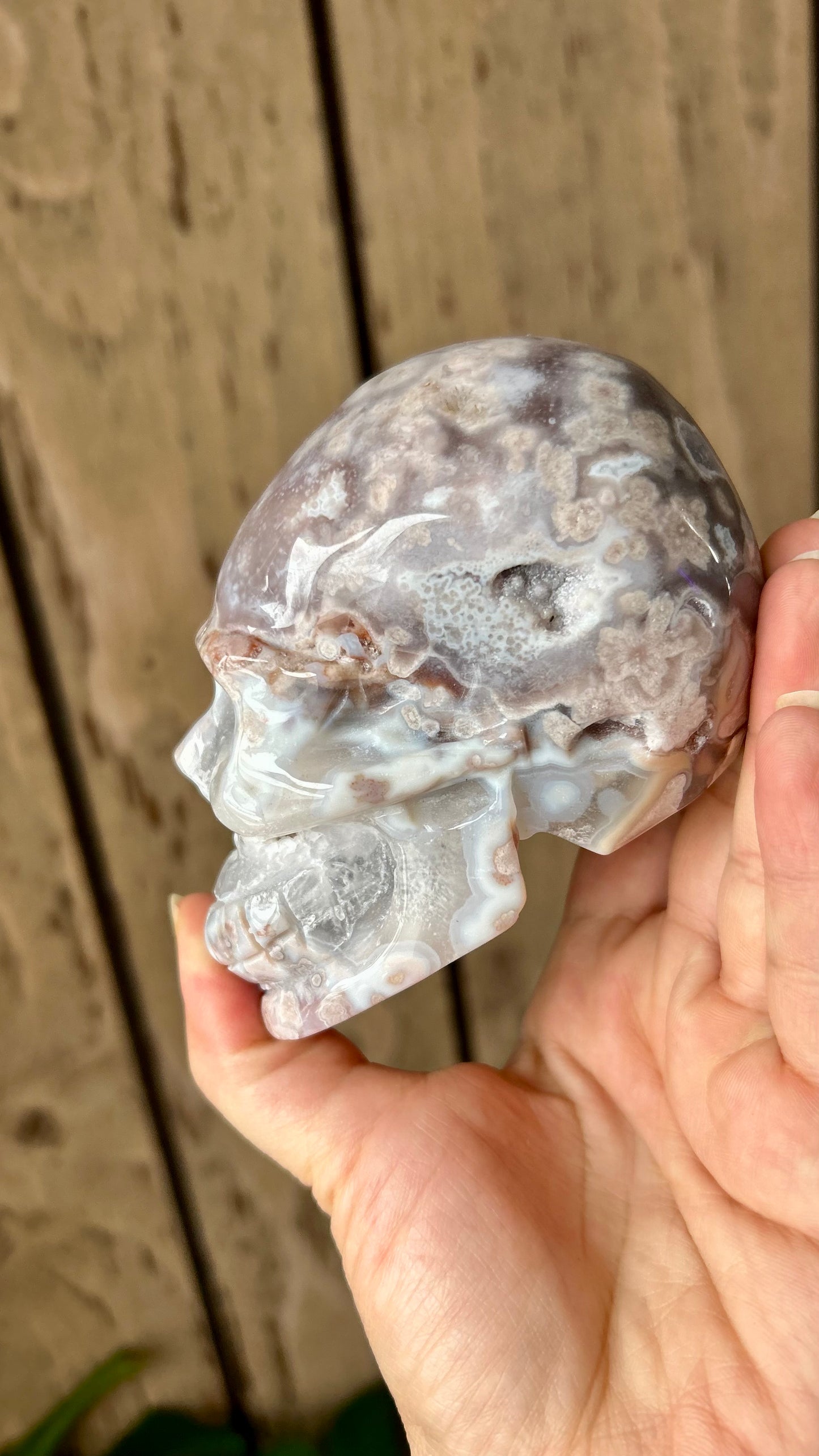 Pink Amethyst Flower Agate Skull Carving