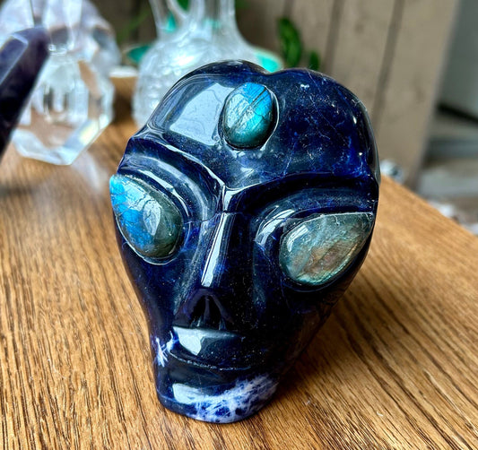 Sodalite Alien Head with Labradorite Eyes
