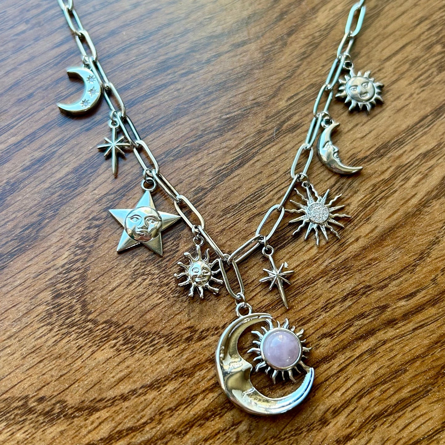 Kunzite Celestial Silver Charm Necklace