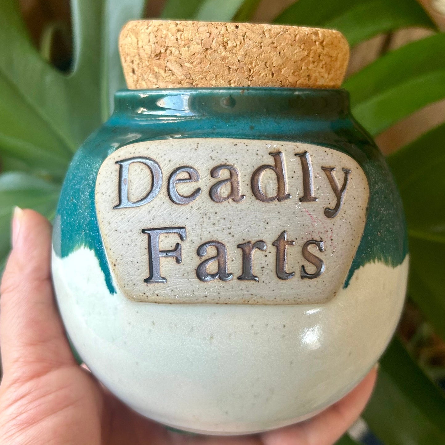 Jar labeled 'Deadly Farts' held in a hand with a green leafy background