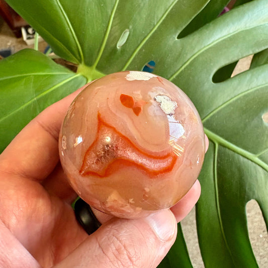 Hand holding a marbled stone with green leaves in the background