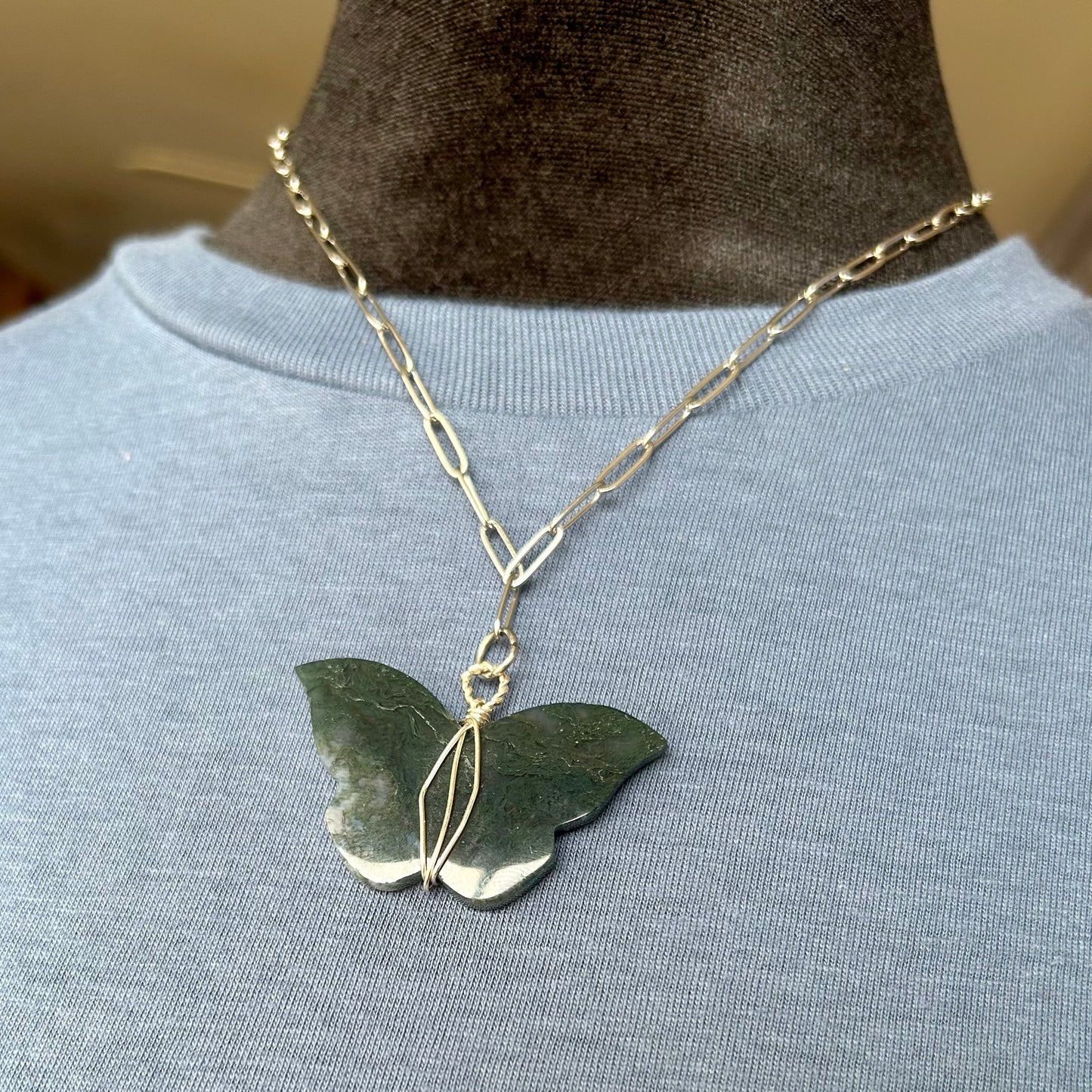 Moss Agate Silver Wrapped Butterfly Pendant Necklace