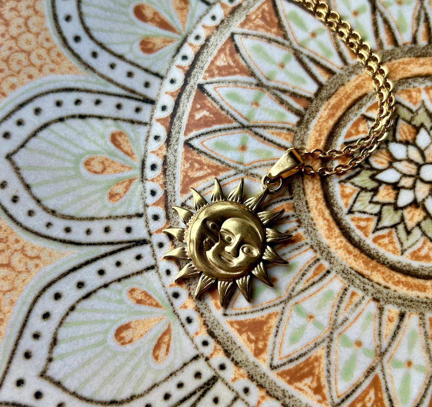 Sun and Moon Face Gold Charm Necklace