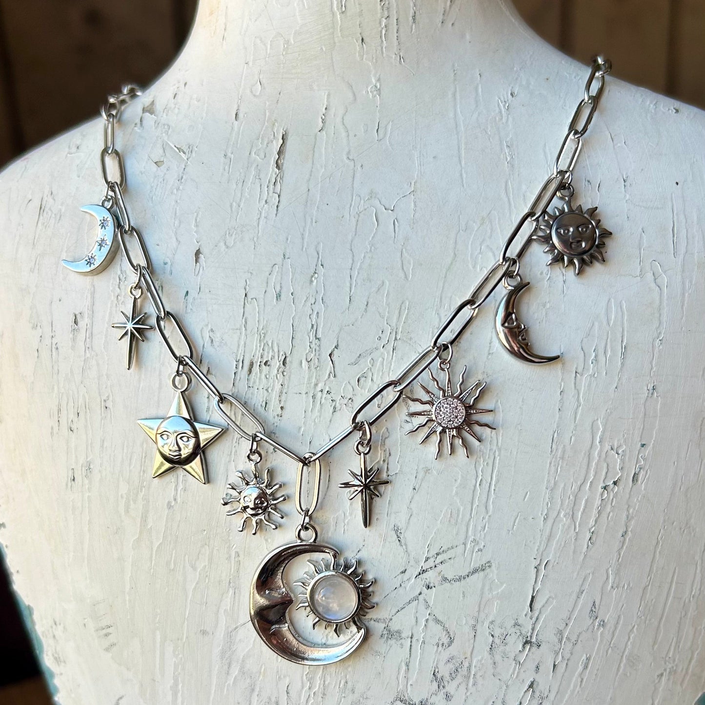 Moonstone Celestial Silver Charm Necklace