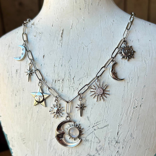 Moonstone Celestial Silver Charm Necklace