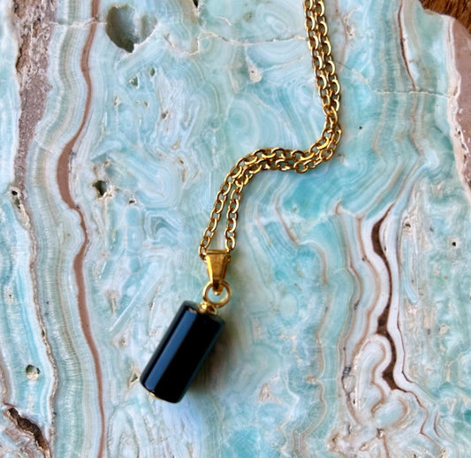 Black Onyx Gold Cylinder Pendant Necklace