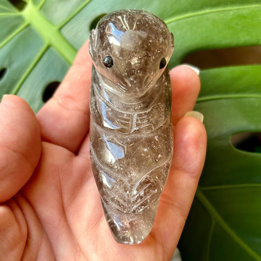 Crystal insect figurine held in a hand with a green leafy background