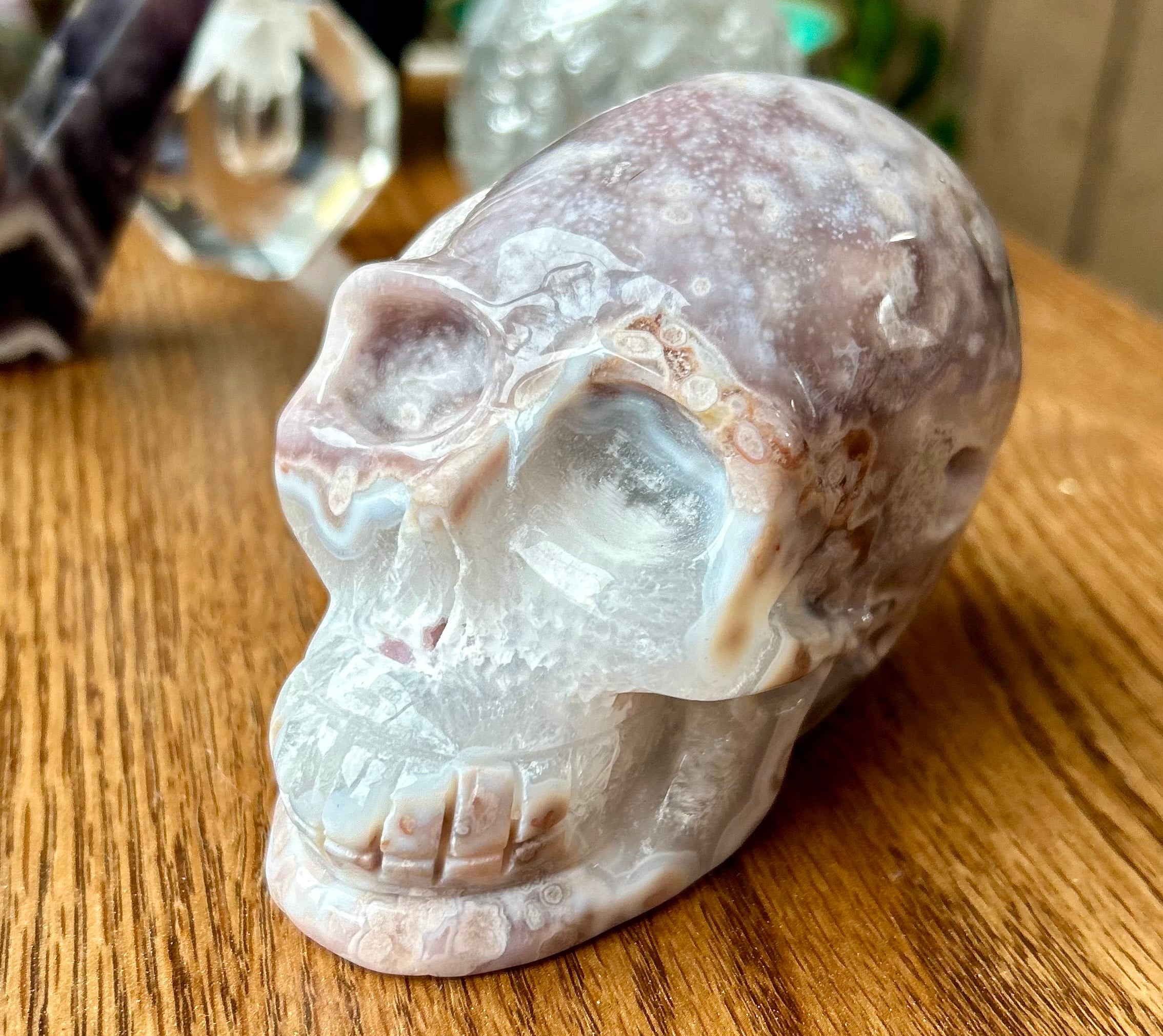 Pink Amethyst Flower Agate Skull Carving – The Peaceful Pieces