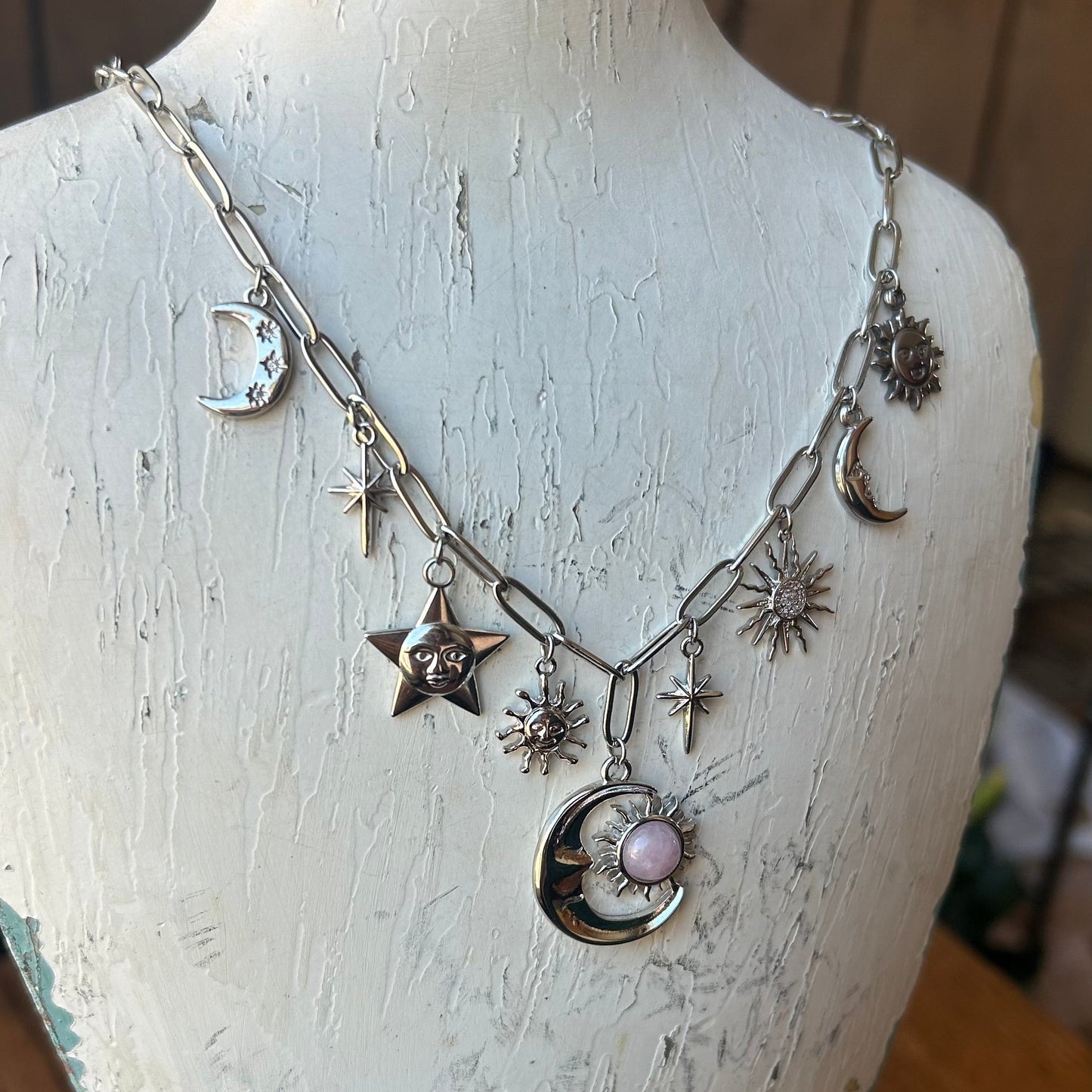 Kunzite Celestial Silver Charm Necklace